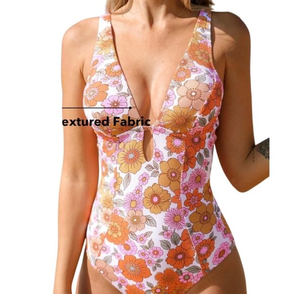 CUPSHE Women 1 Piece Swimsuit Large Orange Floral Front Keyhole Cutout O Ring - Picture 4 of 10